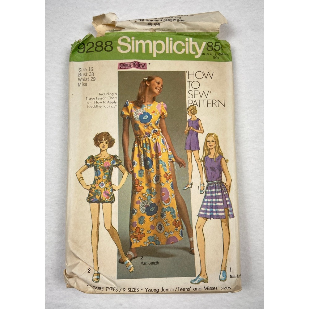 Vintage 1971 Simplicity 9288 Sewing Pattern Misses Romper Maxi Mini Skirt Sz 16
